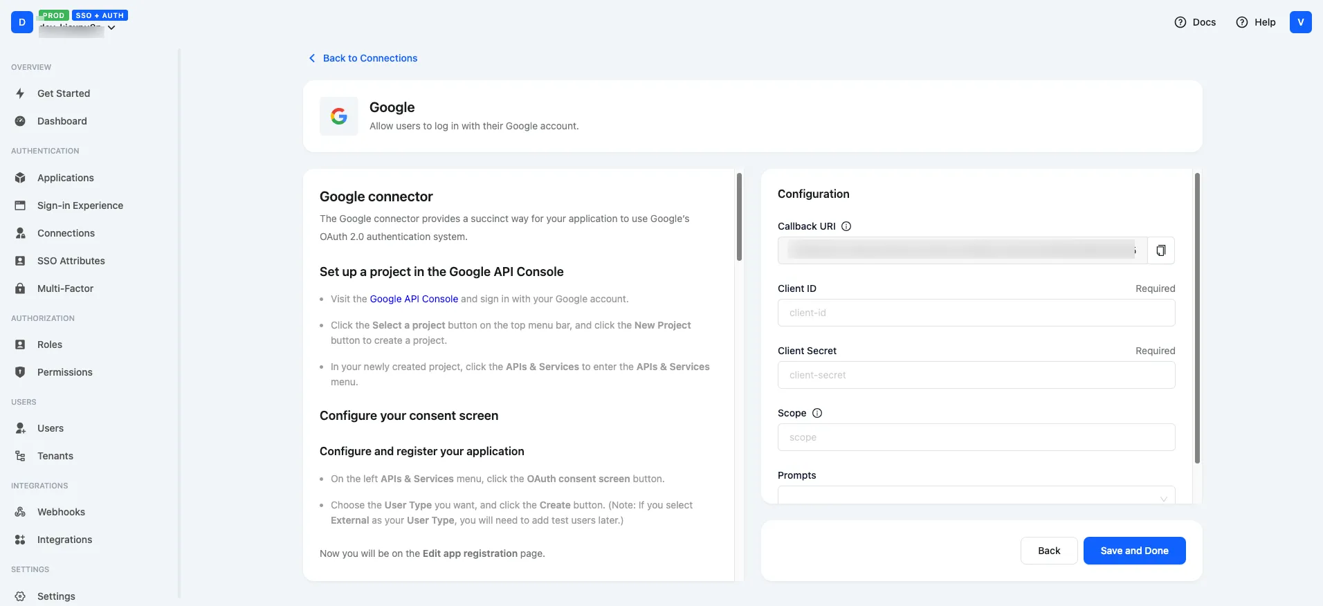 Google Configuration Page