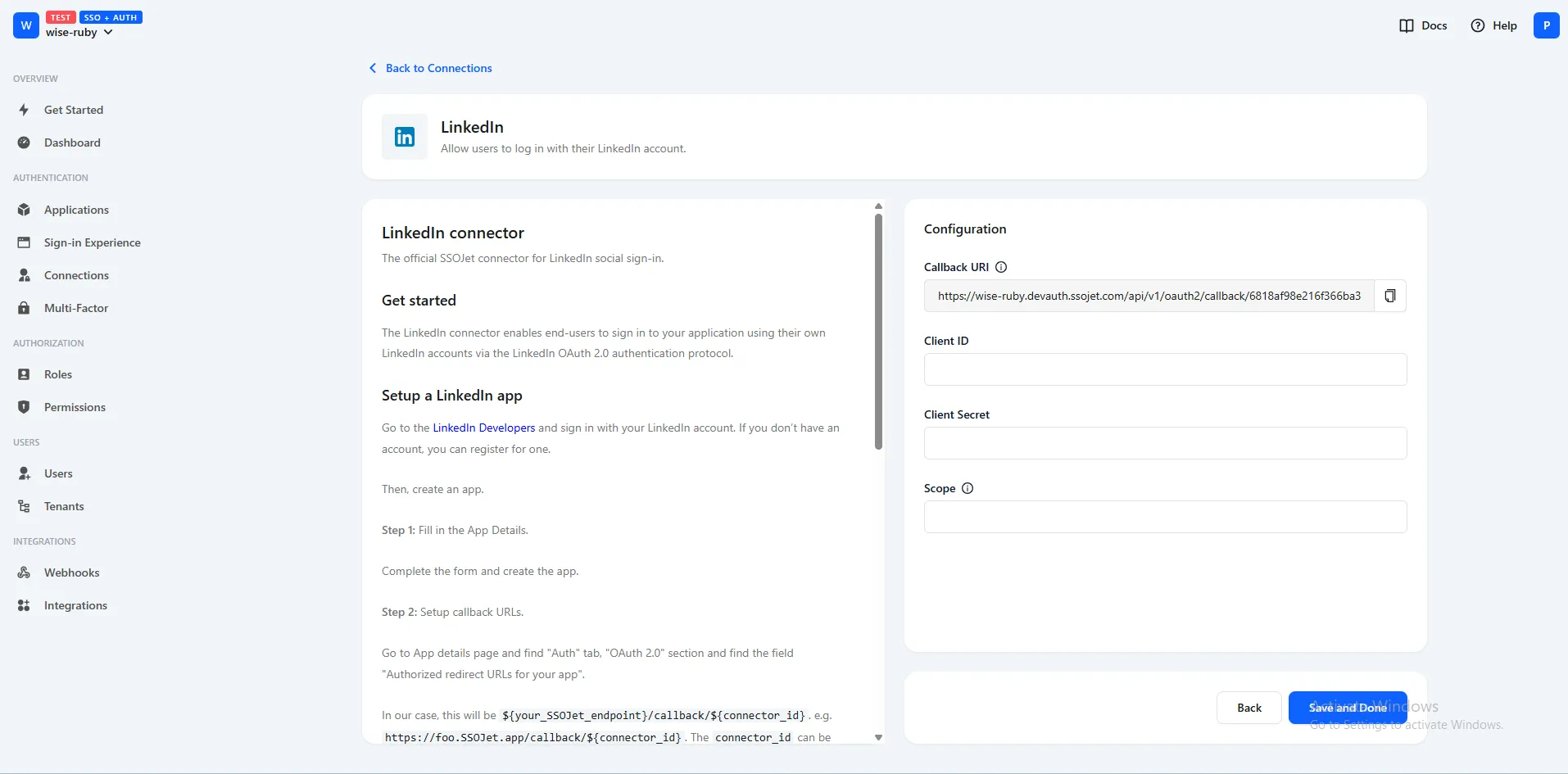 LinkedIn Configuration Page