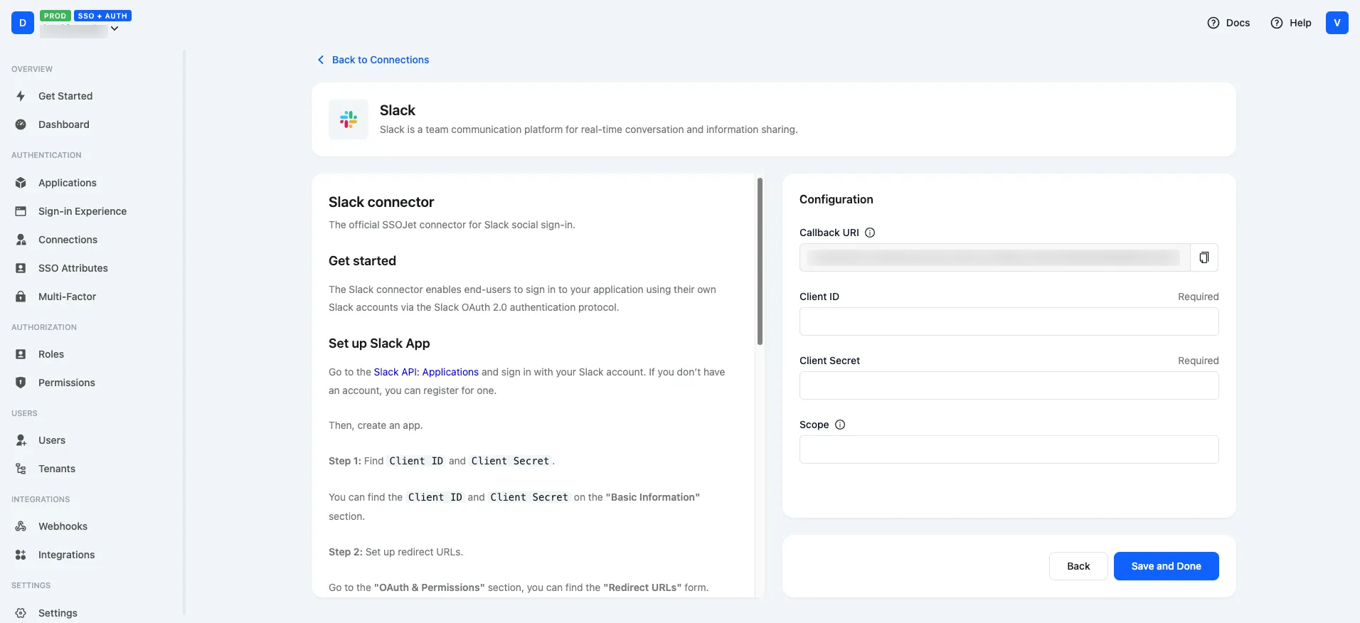 Slack Configuration Page